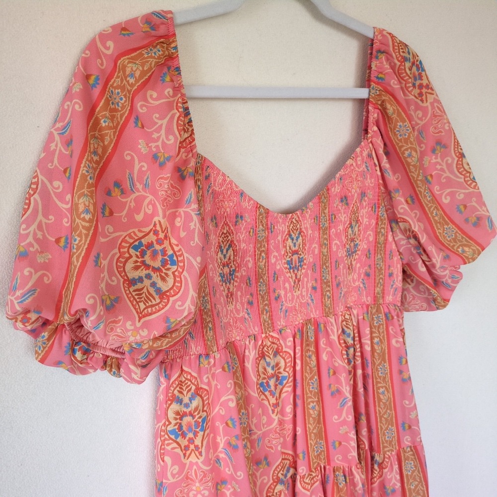 Flying Tomato Pink Boho Puff Sleeve Mini Dress L Cottagecore Coquette Paisley - Picture 4 of 8